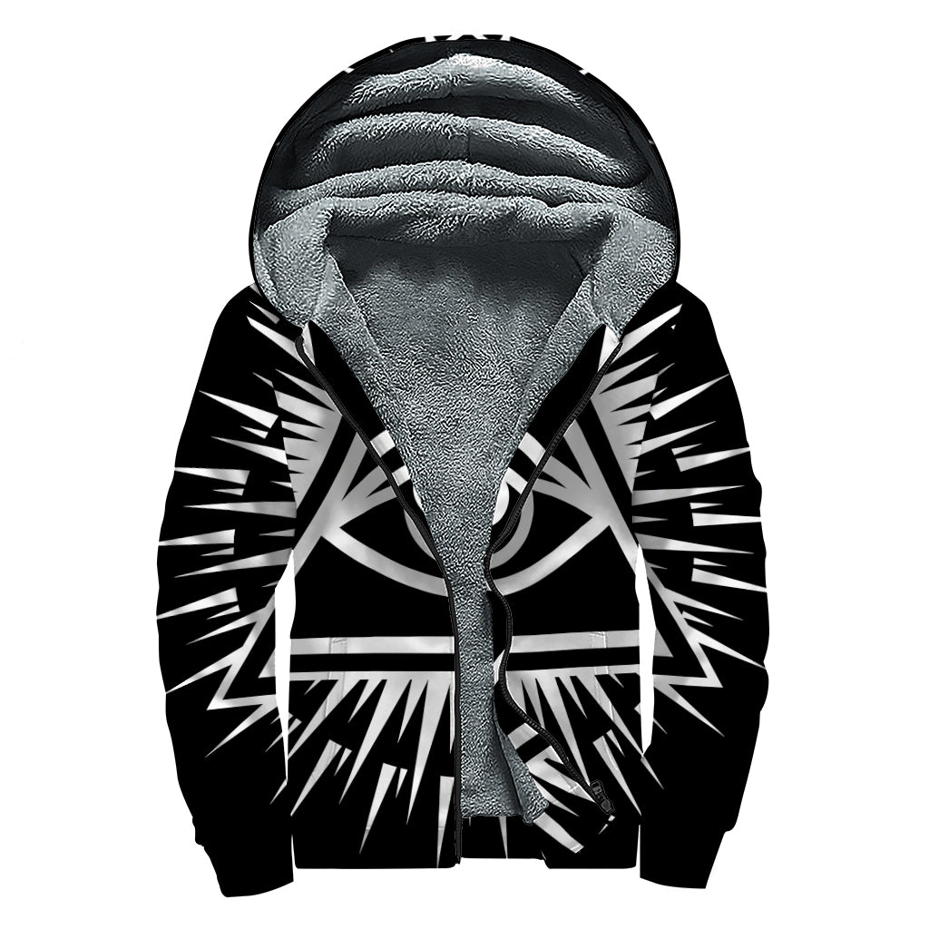 Black And White Illuminati Print Sherpa Lined Zip Up Hoodie