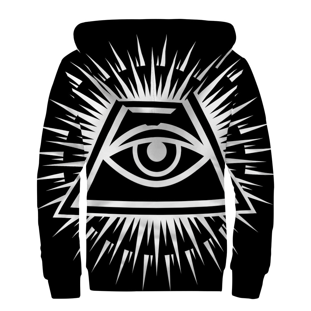 Black And White Illuminati Print Sherpa Lined Zip Up Hoodie