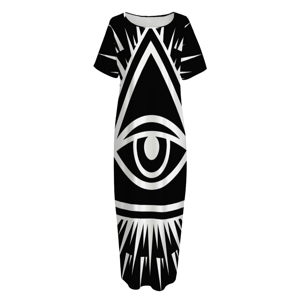 Black And White Illuminati Print Short Sleeve Long Nightdress