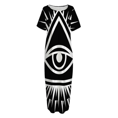 Black And White Illuminati Print Short Sleeve Long Nightdress