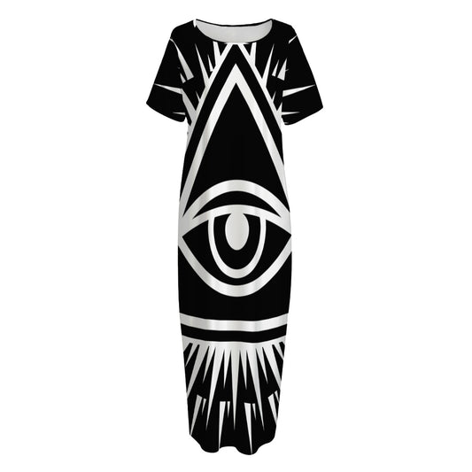 Black And White Illuminati Print Short Sleeve Long Nightdress