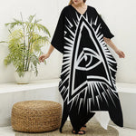 Black And White Illuminati Print Silk V-Neck Kaftan Dress