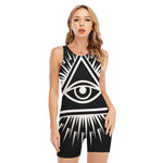 Black And White Illuminati Print Sleeveless One Piece Swimsuit
