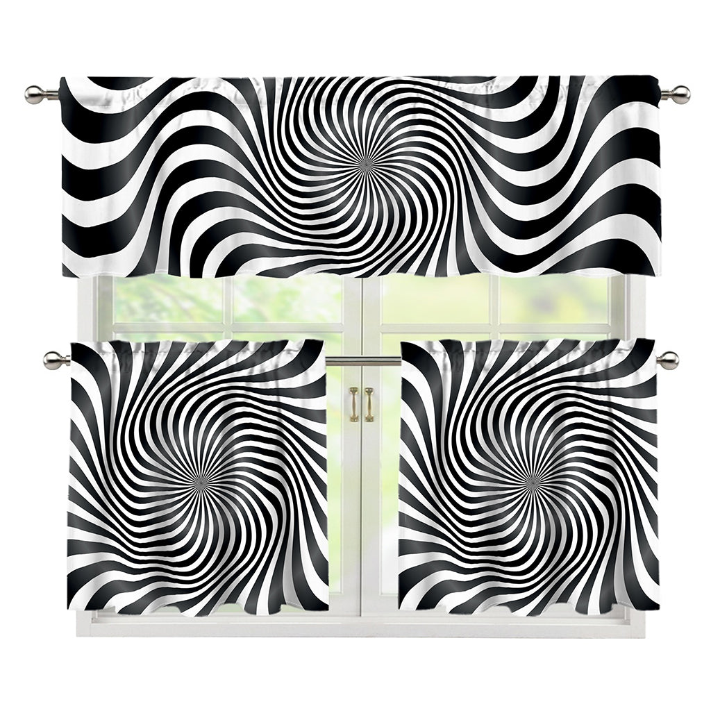 Black And White Illusory Motion Print 3 Piece Kitchen Curtains