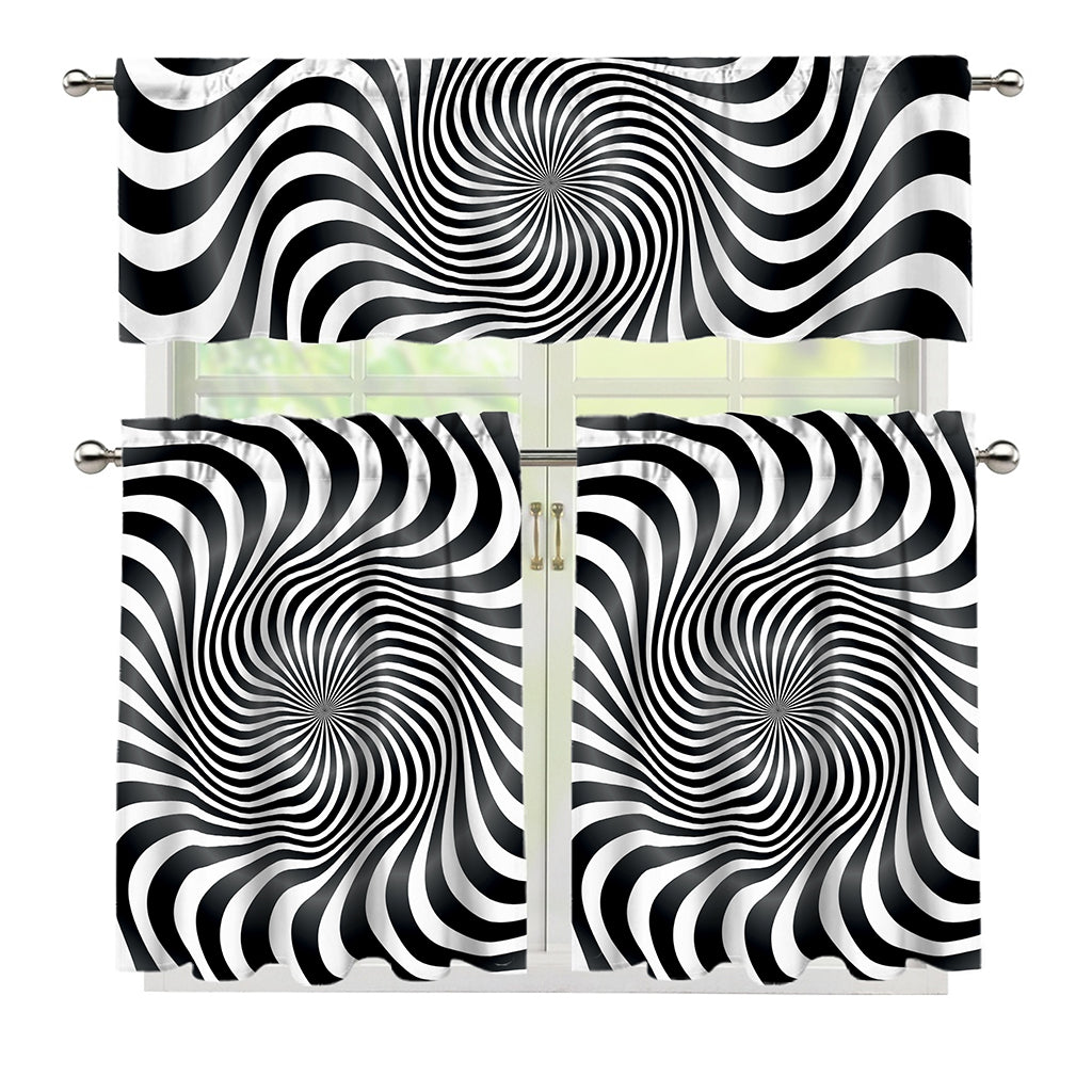 Black And White Illusory Motion Print 3 Piece Kitchen Curtains