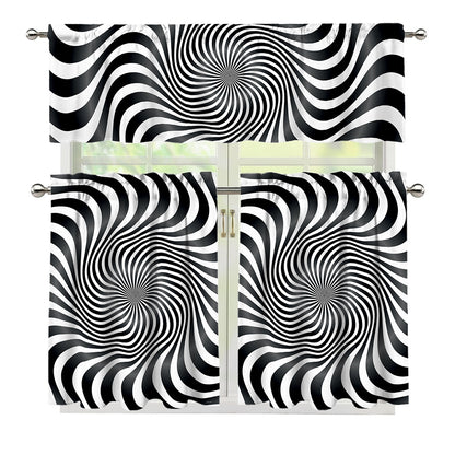 Black And White Illusory Motion Print 3 Piece Kitchen Curtains