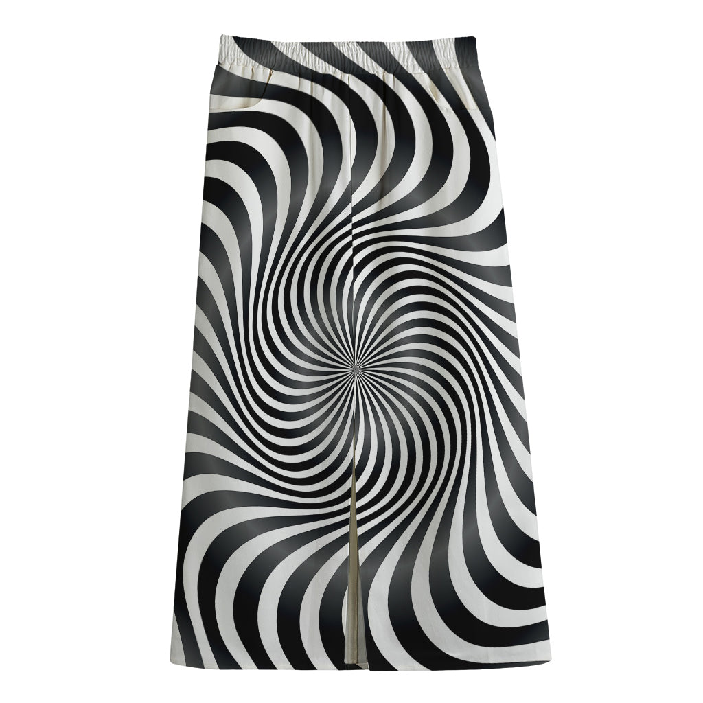 Black And White Illusory Motion Print Cotton Front Slit Maxi Skirt
