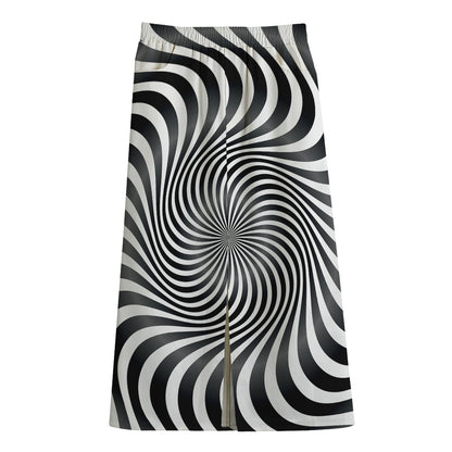 Black And White Illusory Motion Print Cotton Front Slit Maxi Skirt