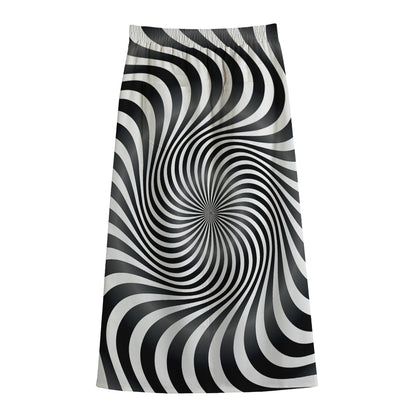 Black And White Illusory Motion Print Cotton Front Slit Maxi Skirt