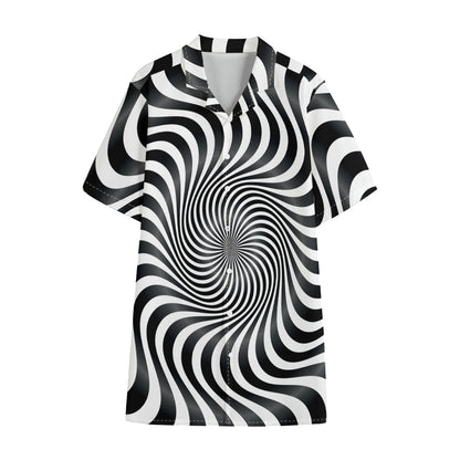 Black And White Illusory Motion Print Cotton Hawaiian Shirt
