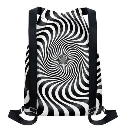 Black And White Illusory Motion Print Drawstring Backpack