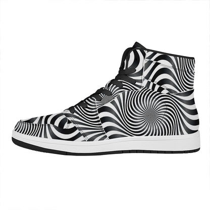 Black And White Illusory Motion Print High Top Leather Sneakers