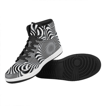 Black And White Illusory Motion Print High Top Leather Sneakers