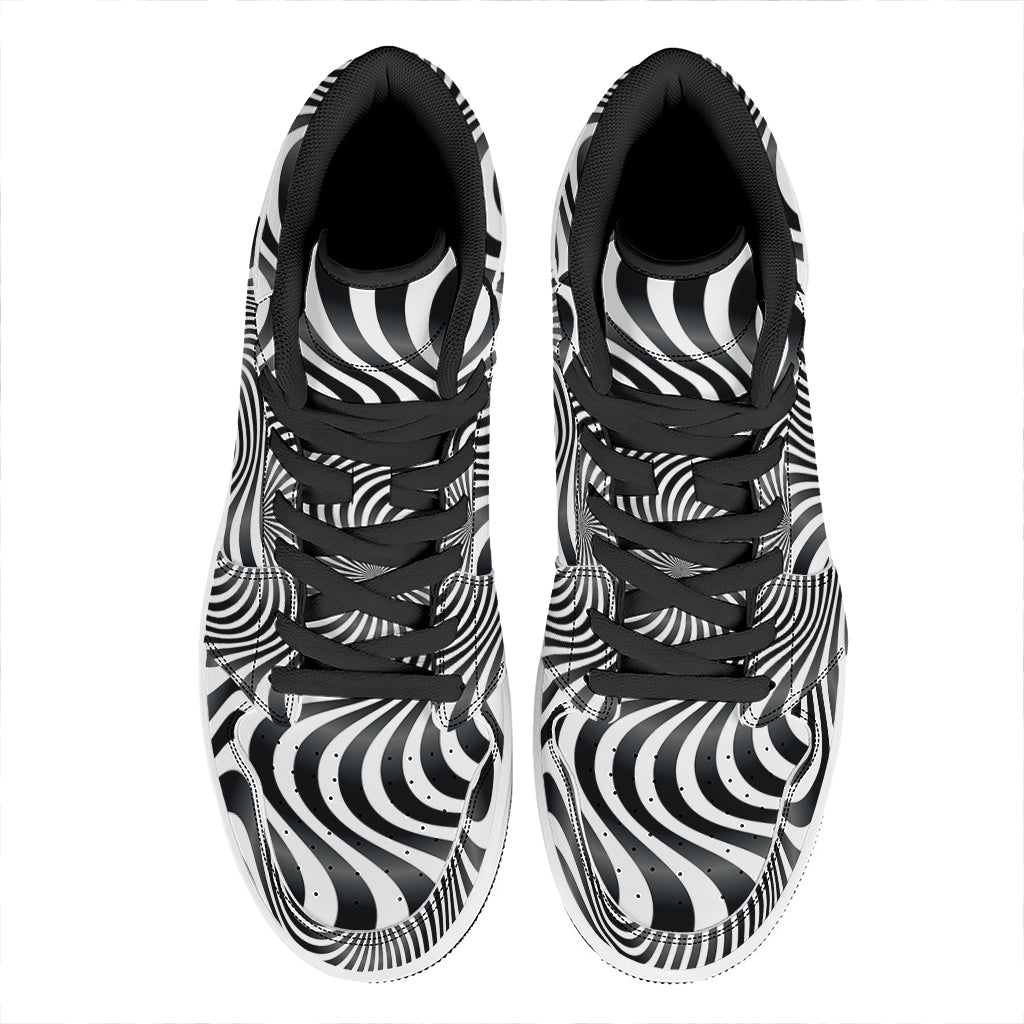 Black And White Illusory Motion Print High Top Leather Sneakers