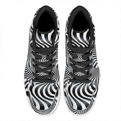Black And White Illusory Motion Print High Top Leather Sneakers