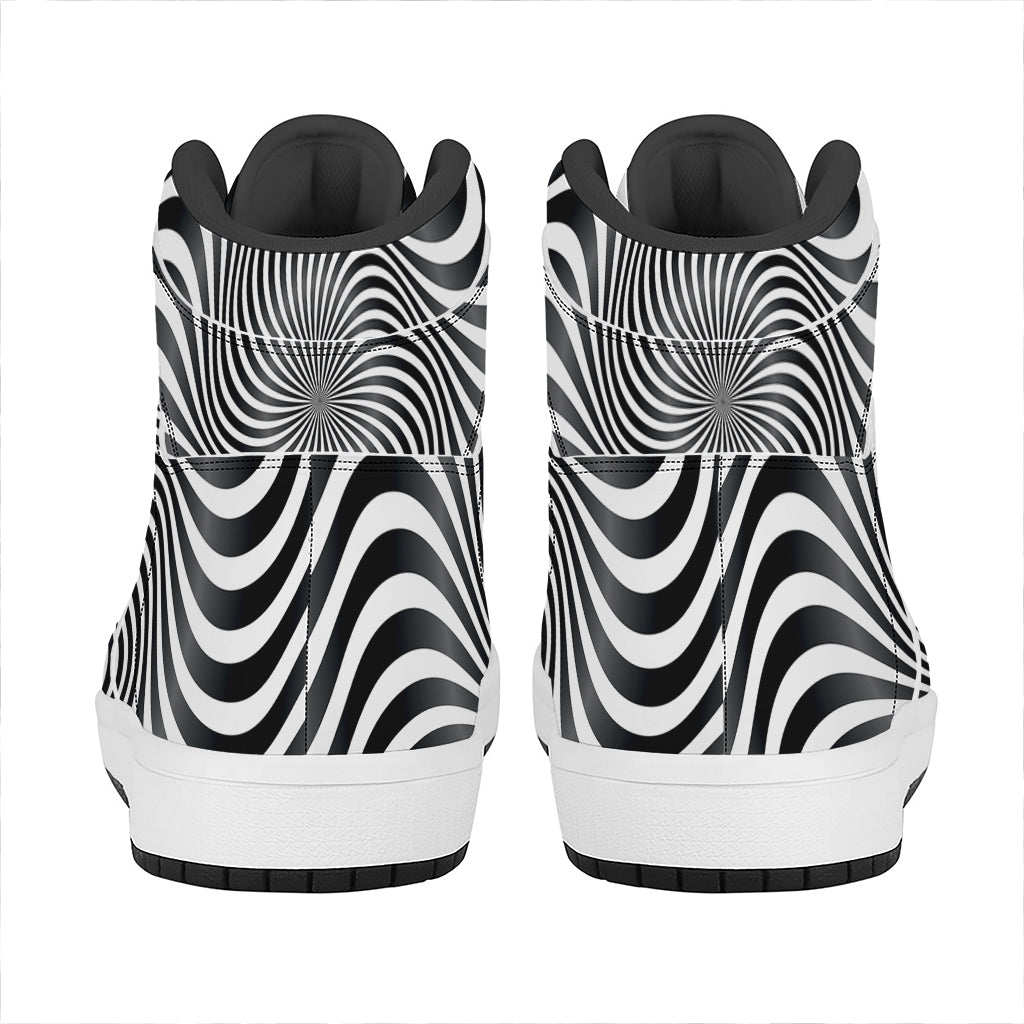 Black And White Illusory Motion Print High Top Leather Sneakers