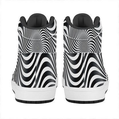 Black And White Illusory Motion Print High Top Leather Sneakers