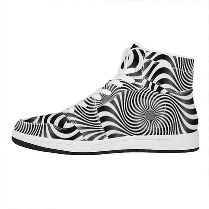 Black And White Illusory Motion Print High Top Leather Sneakers