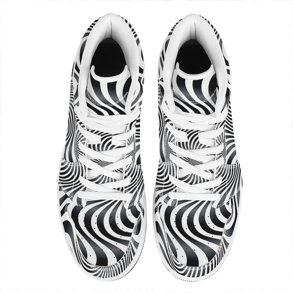 Black And White Illusory Motion Print High Top Leather Sneakers