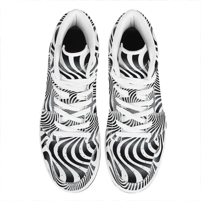 Black And White Illusory Motion Print High Top Leather Sneakers