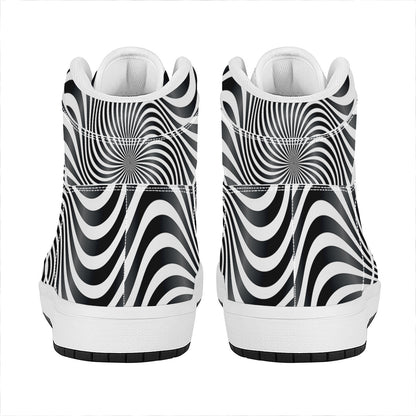 Black And White Illusory Motion Print High Top Leather Sneakers