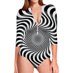 Black And White Illusory Motion Print Long Sleeve Swimsuit