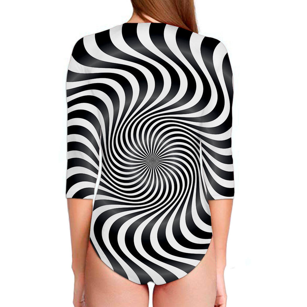 Black And White Illusory Motion Print Long Sleeve Swimsuit