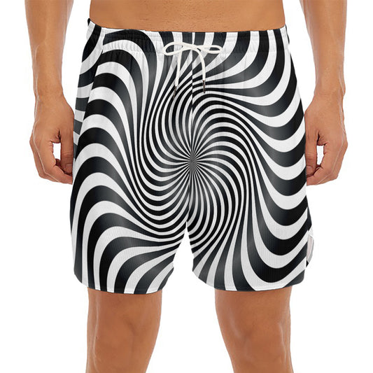 Black And White Illusory Motion Print Men's Split Running Shorts