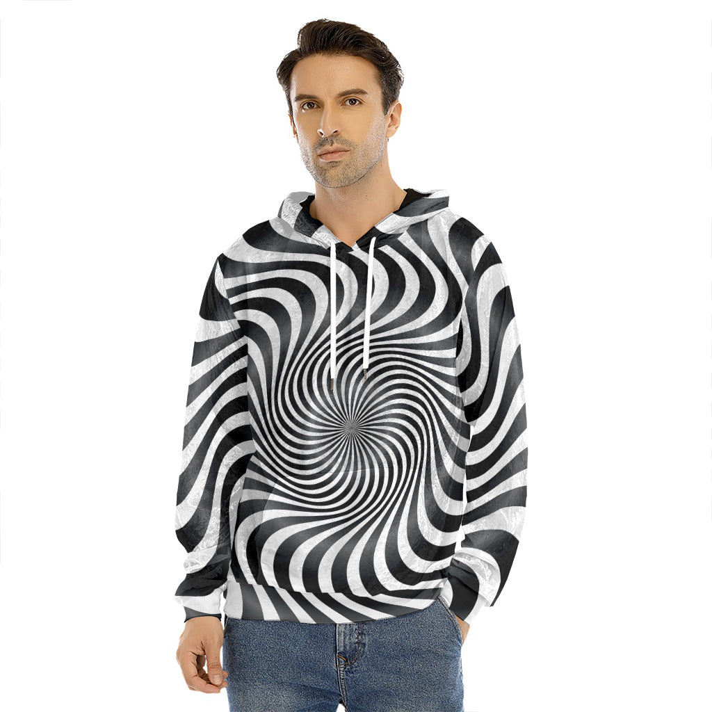 Black And White Illusory Motion Print Men's Velvet Pullover Hoodie