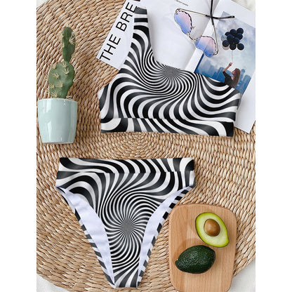 Black And White Illusory Motion Print One Shoulder Bikini Top