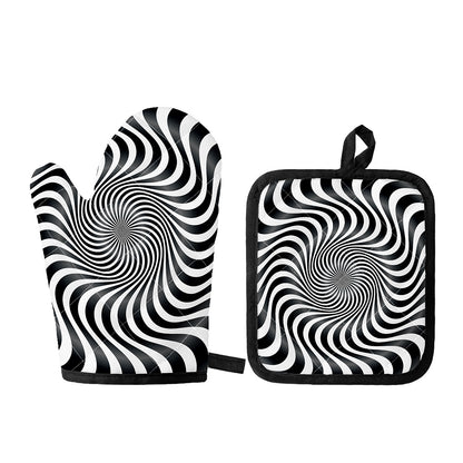 Black And White Illusory Motion Print Oven Mitt And Pot Holder Set