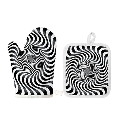 Black And White Illusory Motion Print Oven Mitt And Pot Holder Set