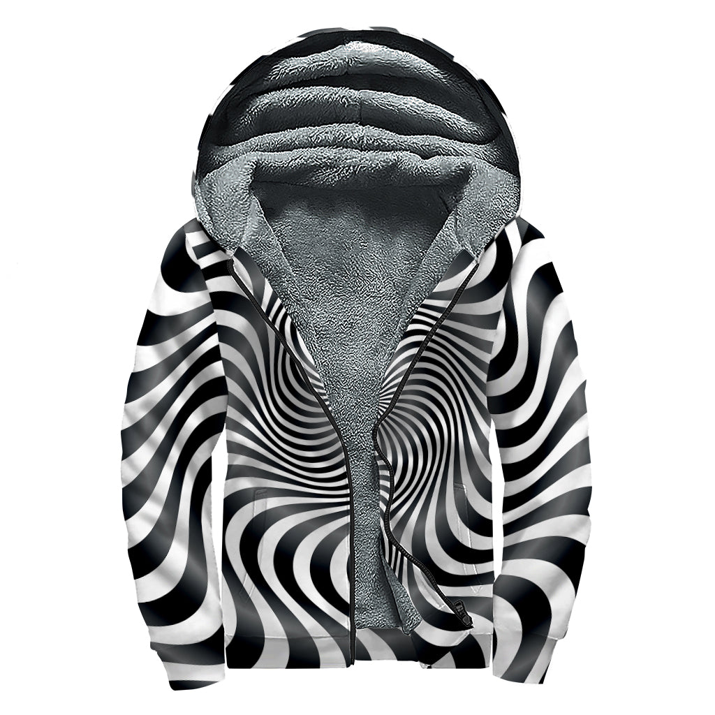 Black And White Illusory Motion Print Sherpa Lined Zip Up Hoodie