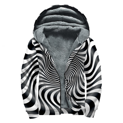 Black And White Illusory Motion Print Sherpa Lined Zip Up Hoodie