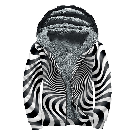 Black And White Illusory Motion Print Sherpa Lined Zip Up Hoodie