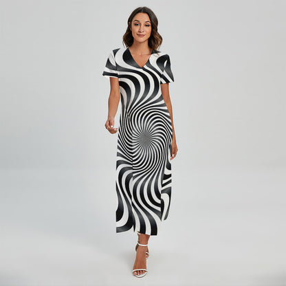 Black And White Illusory Motion Print Short Sleeve Maxi Dress
