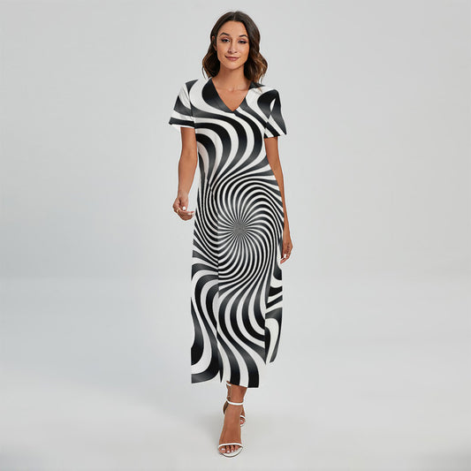 Black And White Illusory Motion Print Short Sleeve Maxi Dress