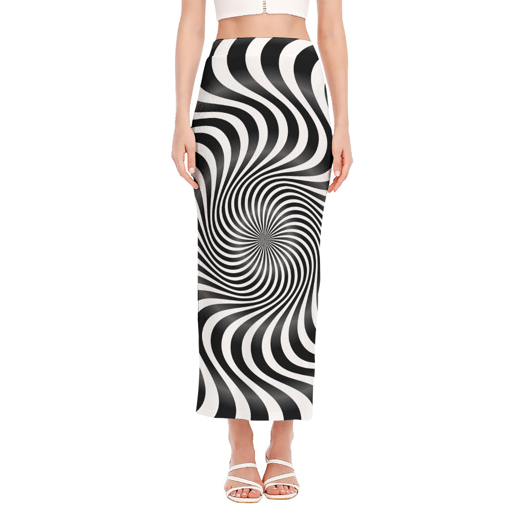 Black And White Illusory Motion Print Side Slit Maxi Skirt