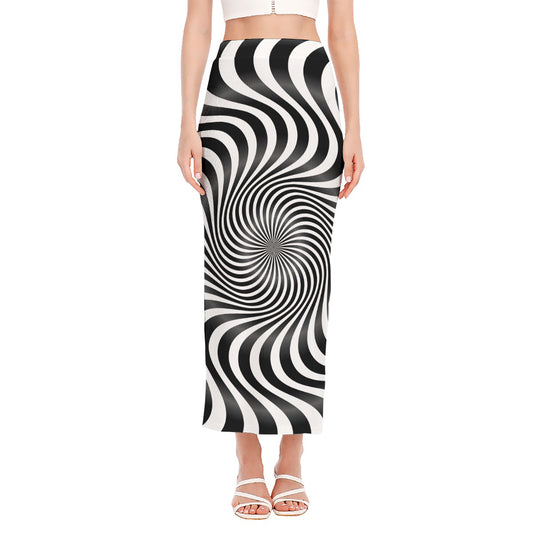 Black And White Illusory Motion Print Side Slit Maxi Skirt