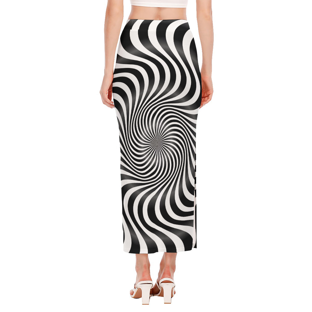 Black And White Illusory Motion Print Side Slit Maxi Skirt