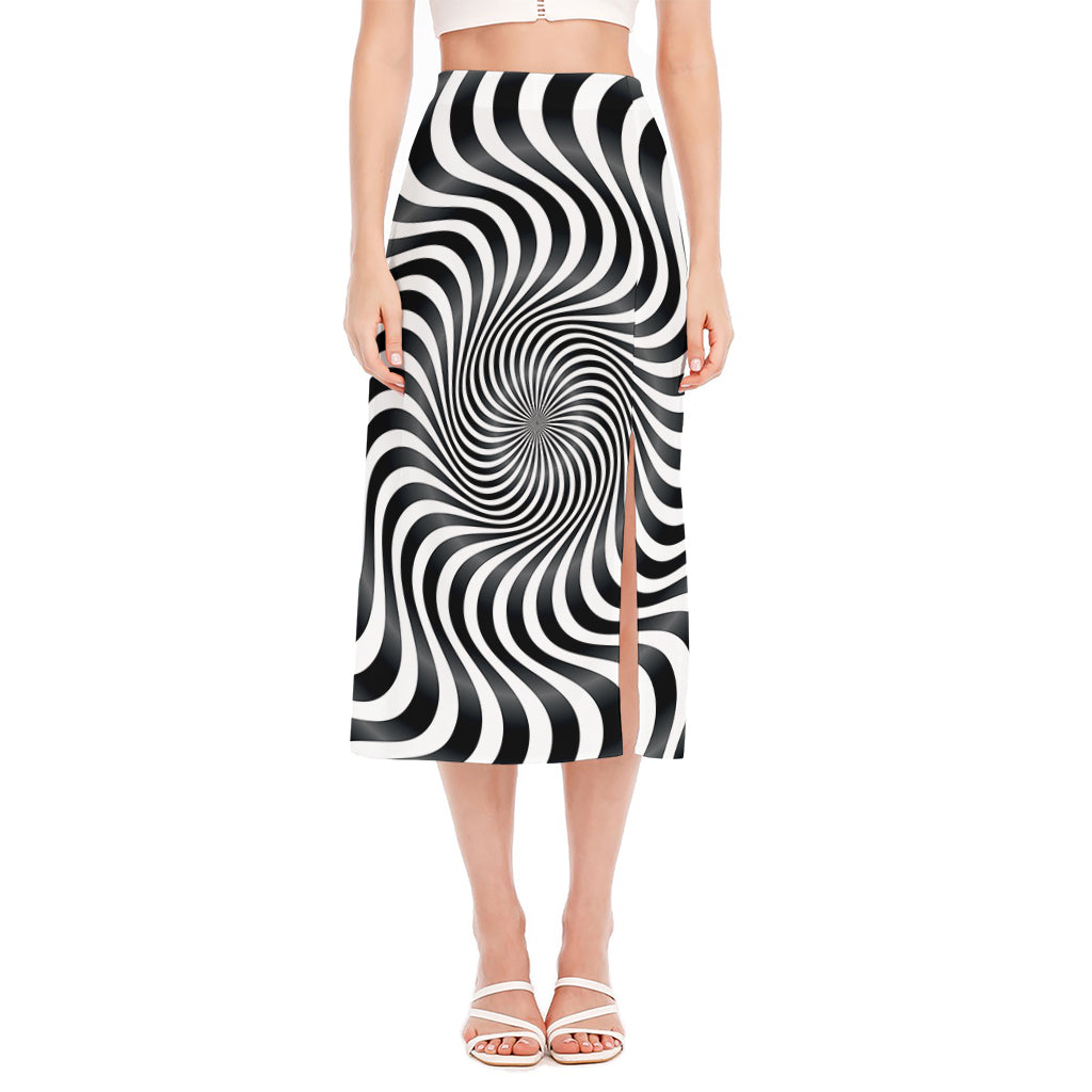 Black And White Illusory Motion Print Side Slit Midi Skirt