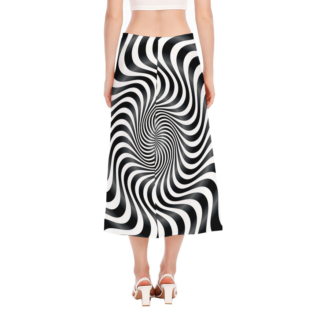 Black And White Illusory Motion Print Side Slit Midi Skirt