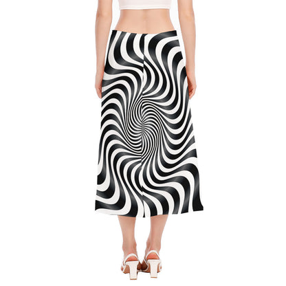 Black And White Illusory Motion Print Side Slit Midi Skirt