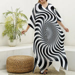 Black And White Illusory Motion Print Silk V-Neck Kaftan Dress