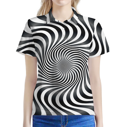 Black And White Illusory Motion Print Women's Polo Shirt