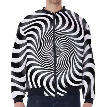 Black And White Illusory Motion Print Zip Sleeve Bomber Jacket