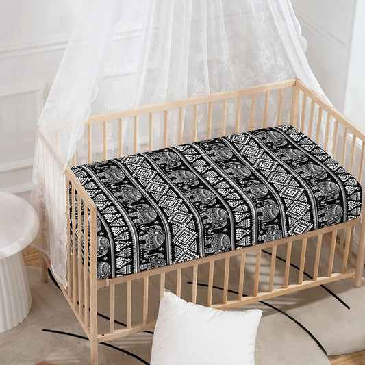 Black And White Indian Elephant Print Baby Crib Sheet