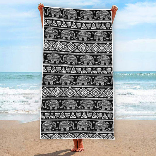 Black And White Indian Elephant Print Beach Towel