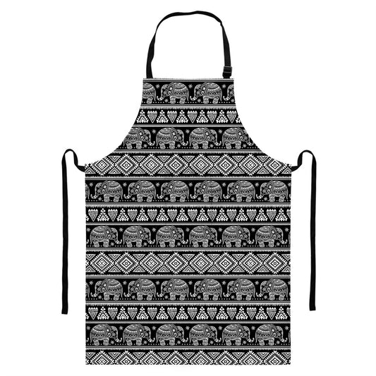 Black And White Indian Elephant Print Bib Apron With Pocket