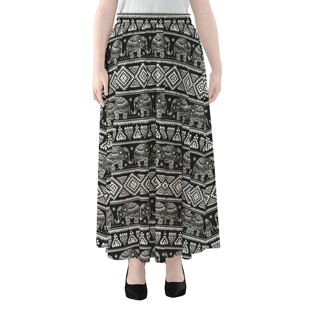 Black And White Indian Elephant Print Chiffon Maxi Skirt